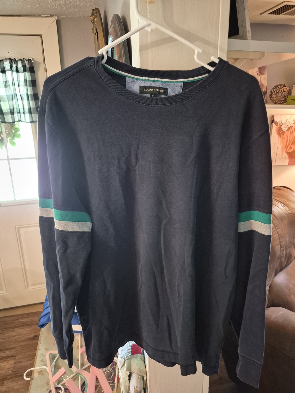 Banana Republic Navy Sweatshirt with Green & Gray Stripes